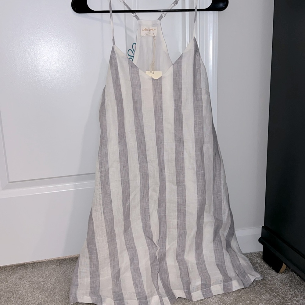 Beach flowy dress. Double lined, gray/blue stripes